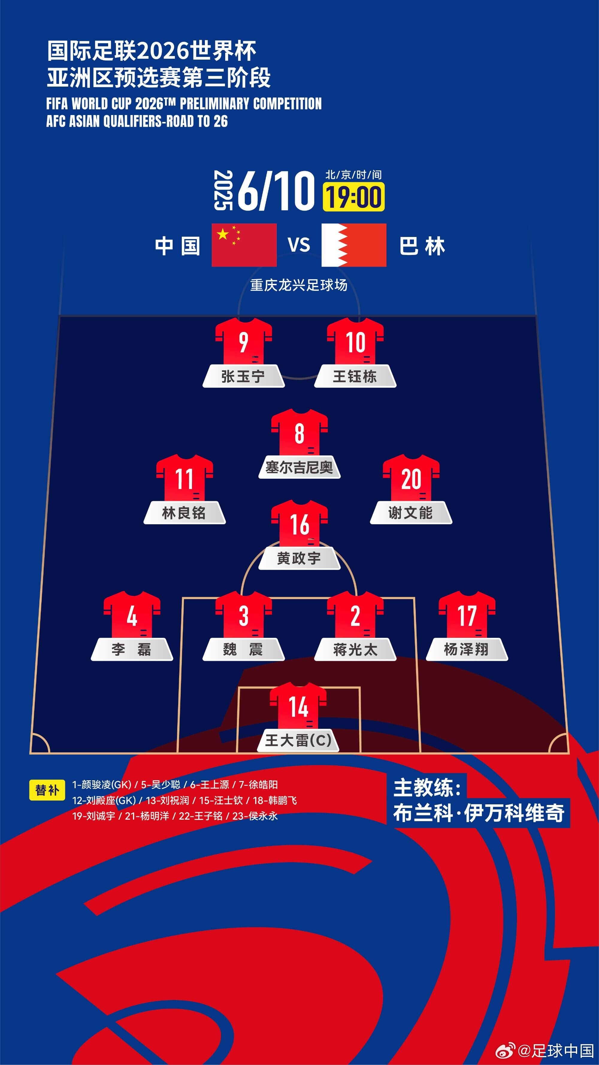 國足首發(fā)陣型：442菱形中場！黃政宇單后腰 王鈺棟、張玉寧雙前鋒