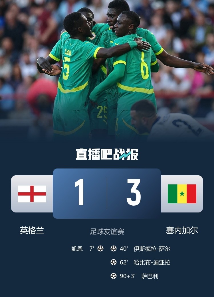 1-3負(fù)塞內(nèi)加爾，英格蘭面對非洲球隊(duì)的不敗金身告破&此前16勝6平