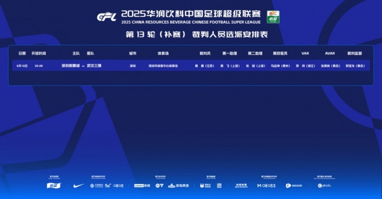 深圳新鵬城vs武漢三鎮(zhèn)補賽裁判：黃翼主裁判，邢琦VAR
