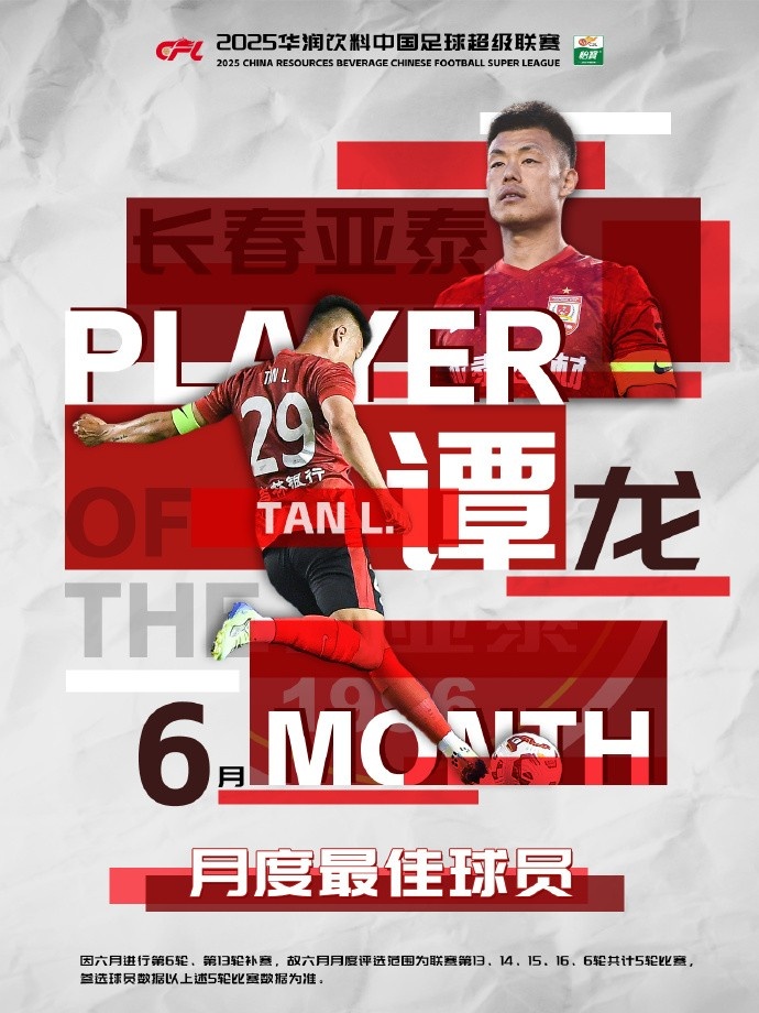 5場(chǎng)4球！中超官方：37歲長(zhǎng)春亞泰前鋒譚龍當(dāng)選6月最佳球員