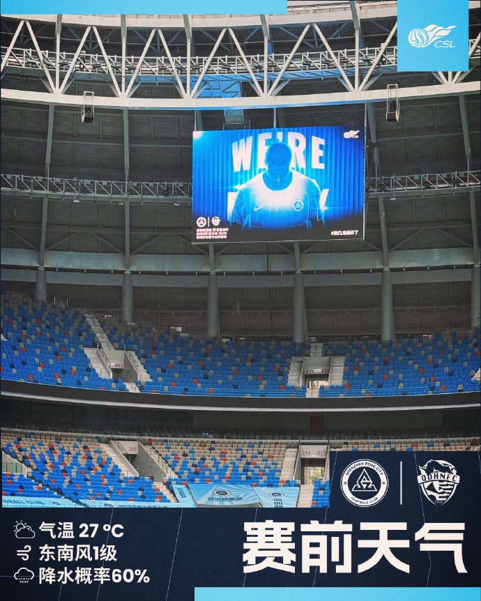 今日深圳主場氣溫27℃，降水概率極大，請球迷做好防雨準備