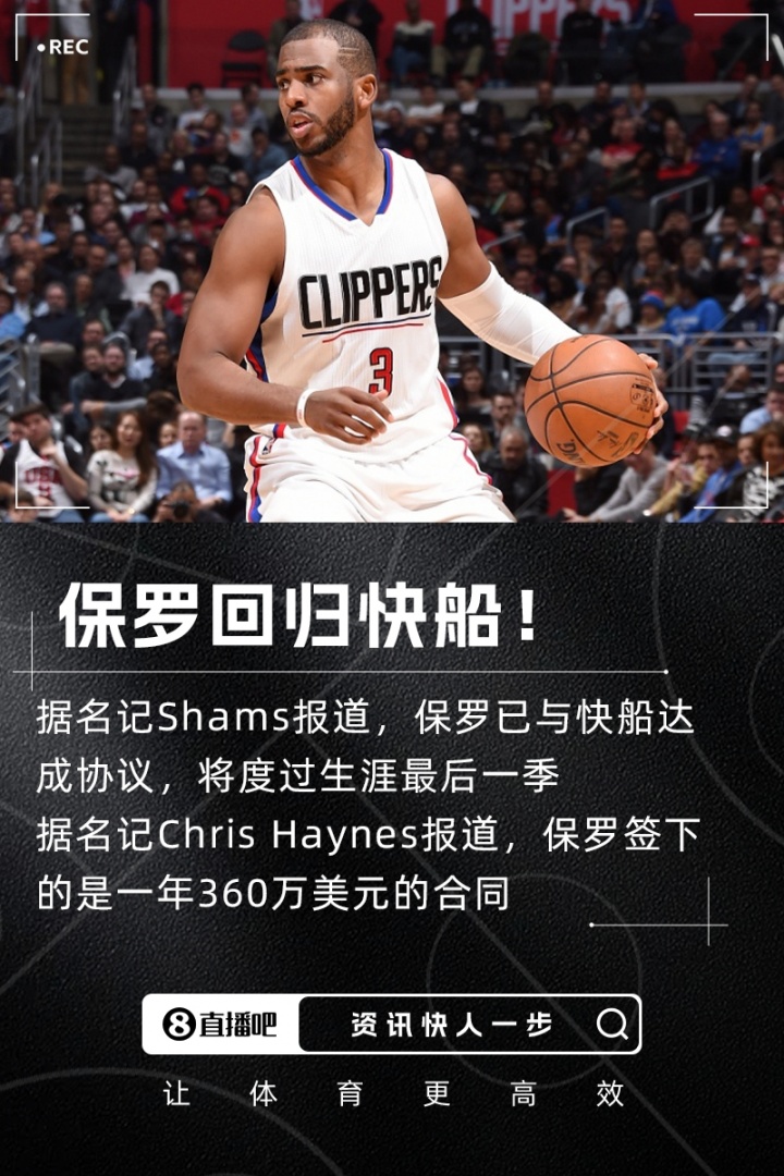 船長回艦??啟航！Shams：老將保羅360萬回歸快船 生涯最后一季