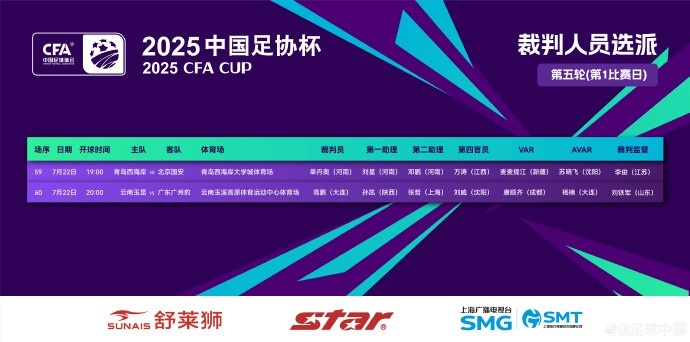 足協(xié)杯今日裁判安排：麥麥提江、唐順齊分別出任兩場(chǎng)比賽VAR