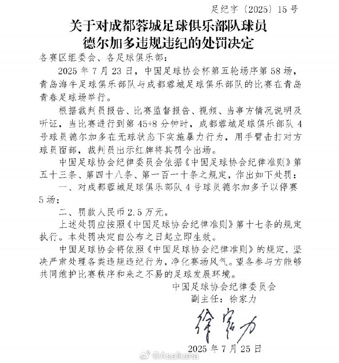 如果成都蓉城晉級(jí)足協(xié)杯決賽，德爾加多紀(jì)律處罰停賽將在決賽執(zhí)行