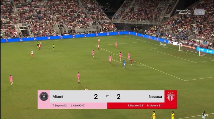 邁阿密國際2-2進(jìn)點球大戰(zhàn)，按照聯(lián)盟杯賽制點球獲勝積2分