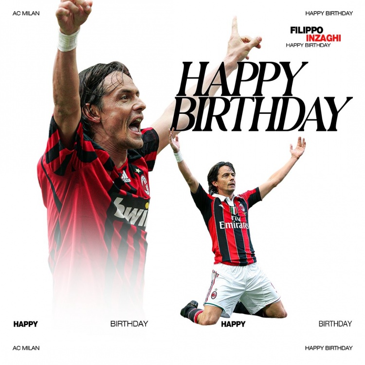 米蘭祝因扎吉52歲生日快樂，球員時代為米蘭出戰(zhàn)300場126球22助