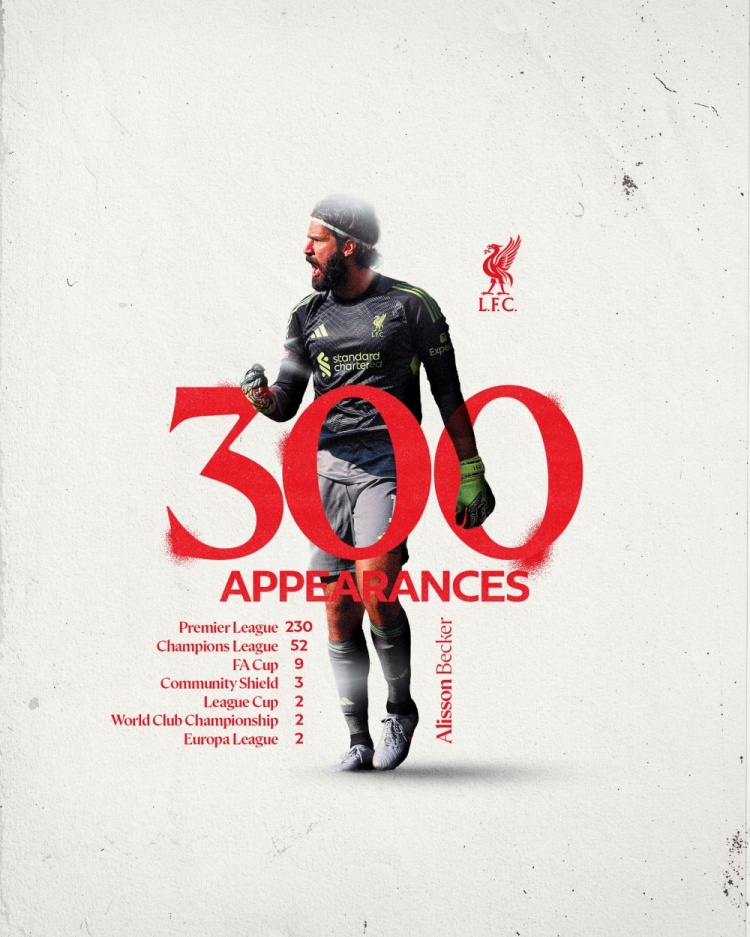 ??安菲爾德守護(hù)神！阿利森迎來利物浦生涯第300場(chǎng)里程碑