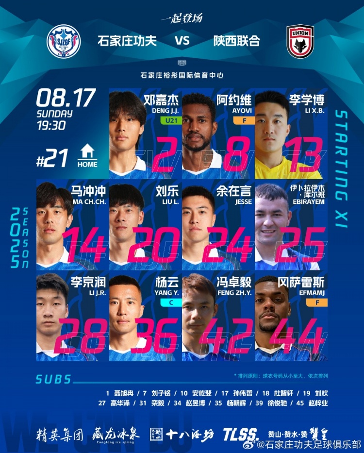 石家莊功夫主場對陣陜西聯(lián)合首發(fā)陣容！李京潤迎來功夫首次首發(fā)