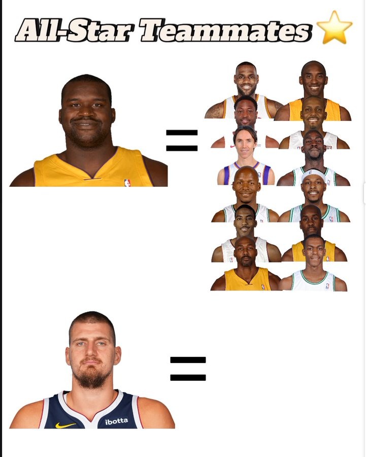 掘金自媒體對比兩大中鋒全明星隊友數(shù)：奧尼爾12 約基奇生涯至今0