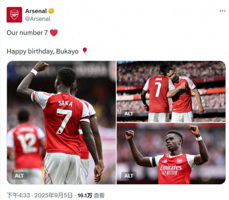 阿森納官方祝薩卡24歲生日快樂，球員為槍手出戰(zhàn)265場71球71助