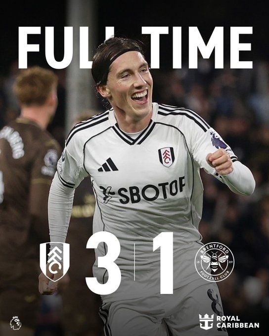 英超富勒姆3-1布倫特福德，伊沃比傳射、哈里-威爾遜破門
